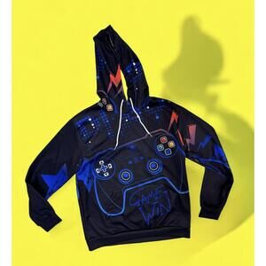 Video Game Controller Sublimated Pull-over Hoodie with Draw Strings Large/Black